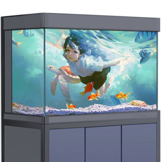 Aquarium Background Stickers - Girls Underwater Turtles Anime - Fish Tank Reptile Terrarium Decor Poster