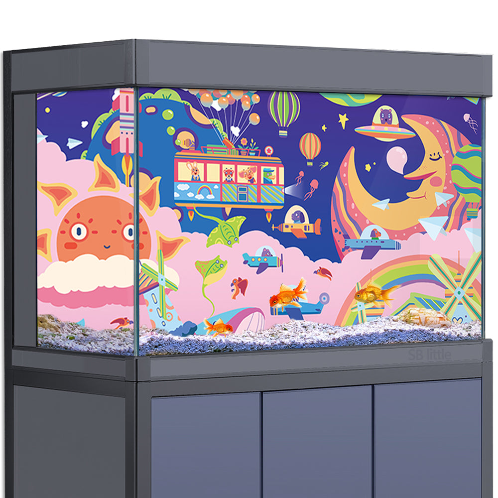 Aquarium Background Stickers - Cartoon Space Sun Moon - Fish Tank Reptile Terrarium Decor Poster