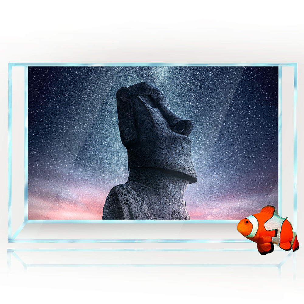 Aquarium Background Stickers - Easter Island Stone Statue Starry Sky - Fish Tank Reptile Terrarium Decor Poster